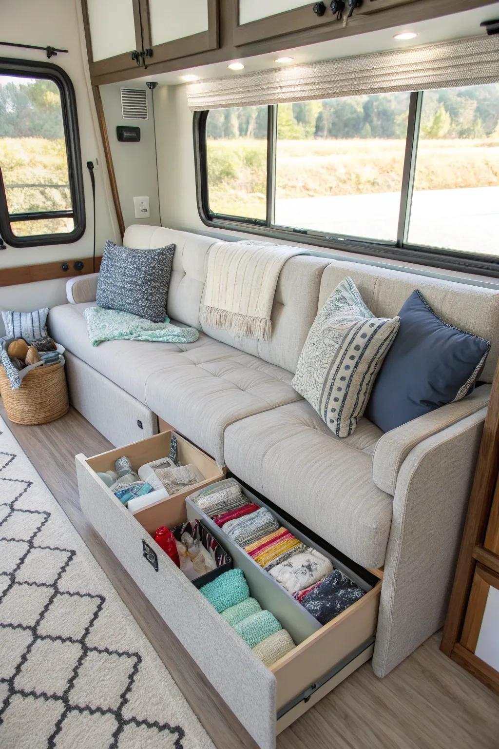 Couches with built-in storage assist in maintaining an organized RV.