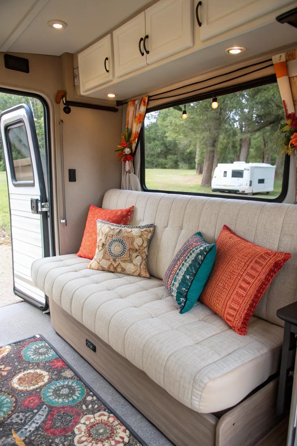 Convertible futons bring together style and utility in an RV setting.