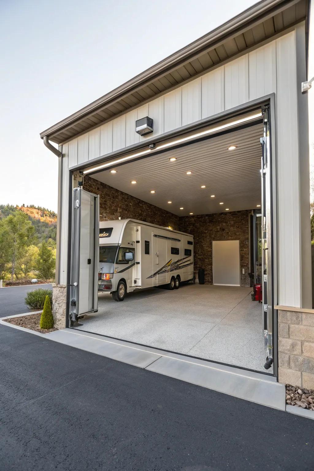 Drive-thru bay in an RV garage for easy access and convenience.