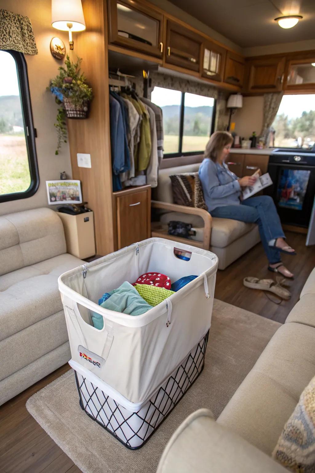 A space-saving hamper that doubles as a seat in an RV.