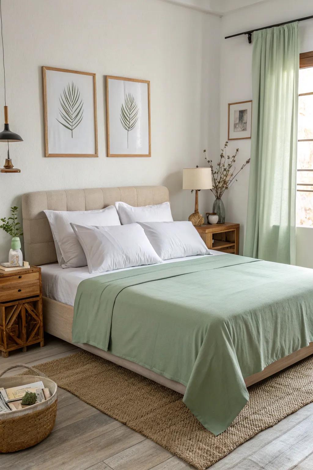 Soft green bedding introduces an aspect of nature and peace to any sleeping quarters.