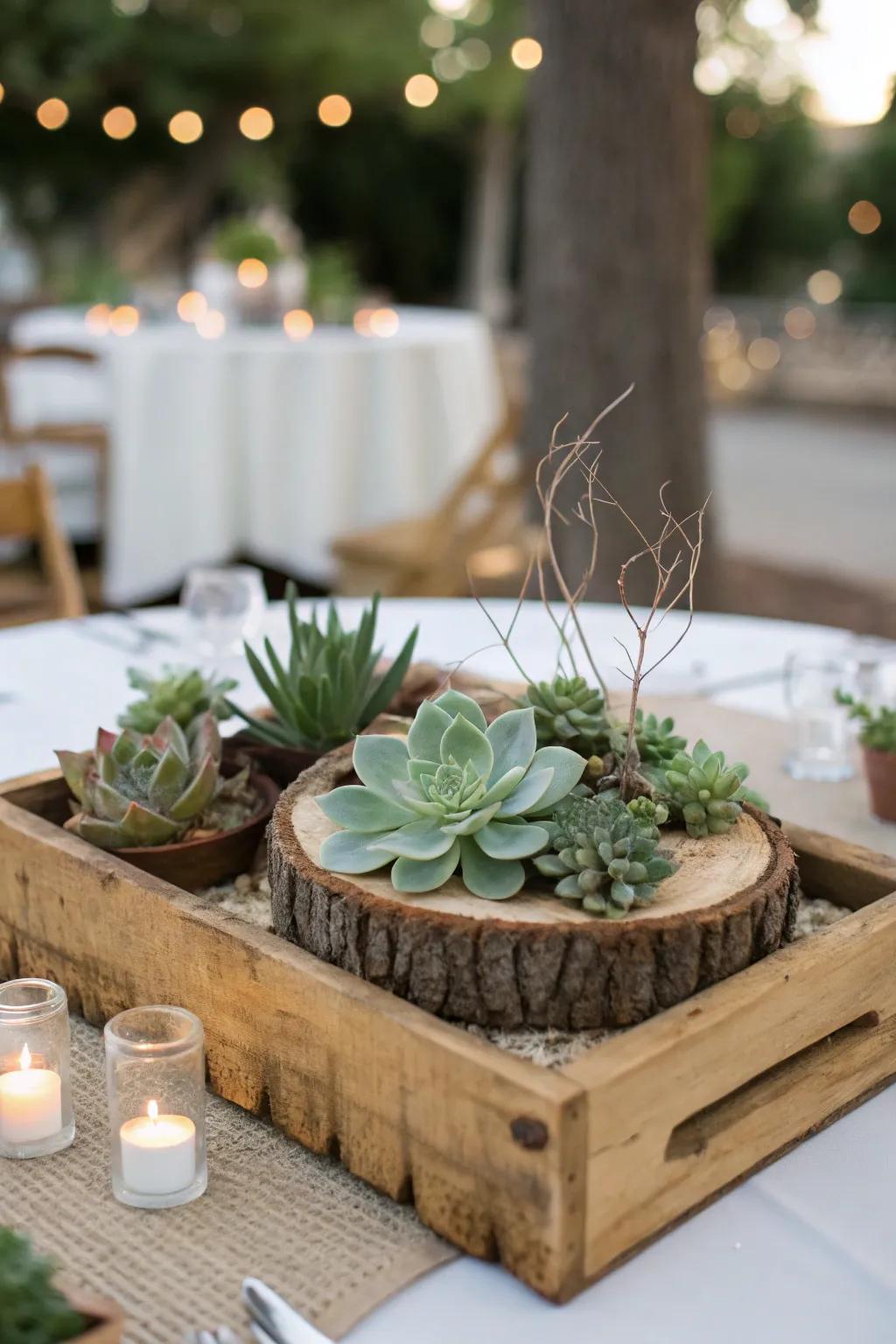 An earthy centerpiece uniting organic textures with soothing sage green.