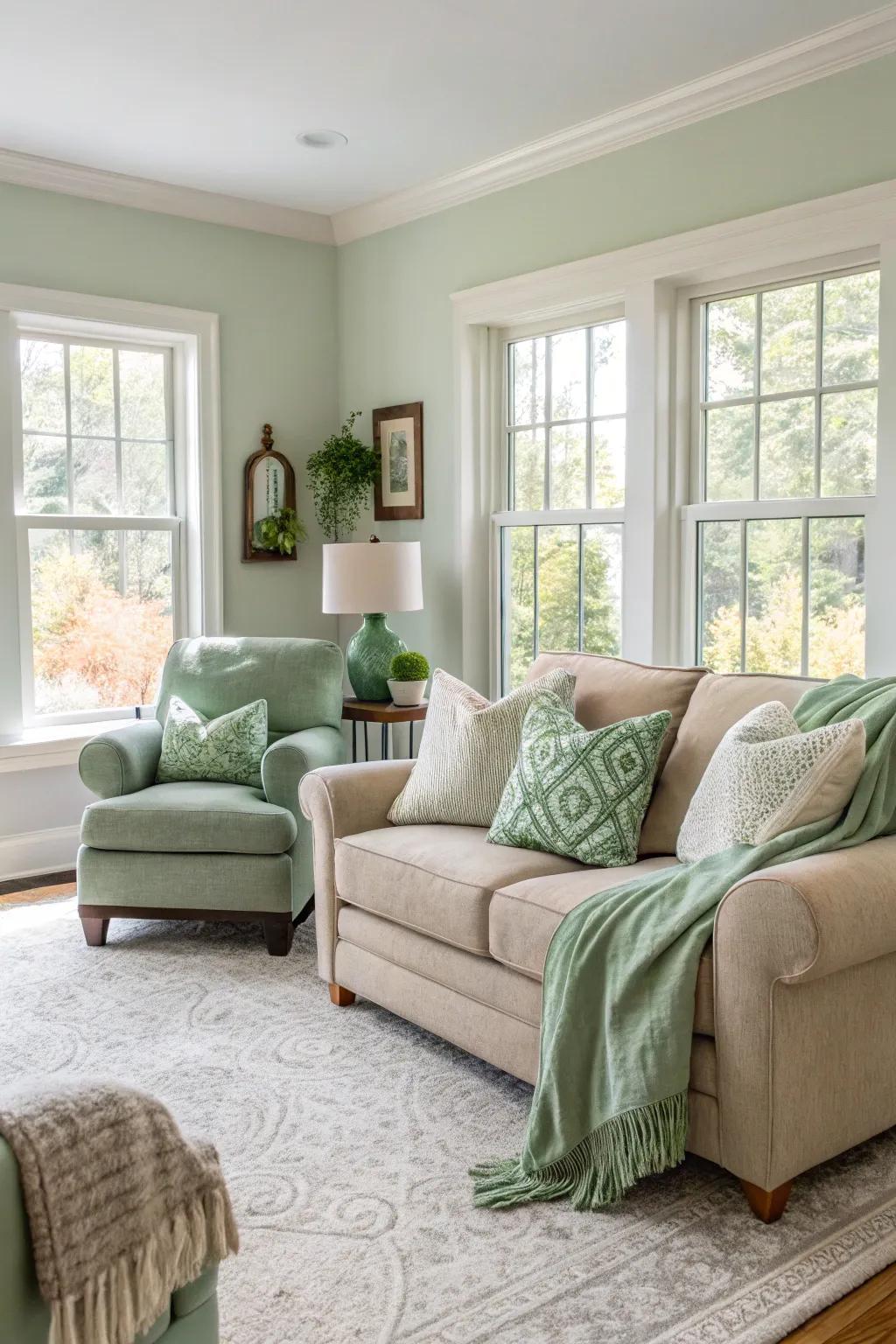 Earthy and muted hues enhance the soothing sage green features.