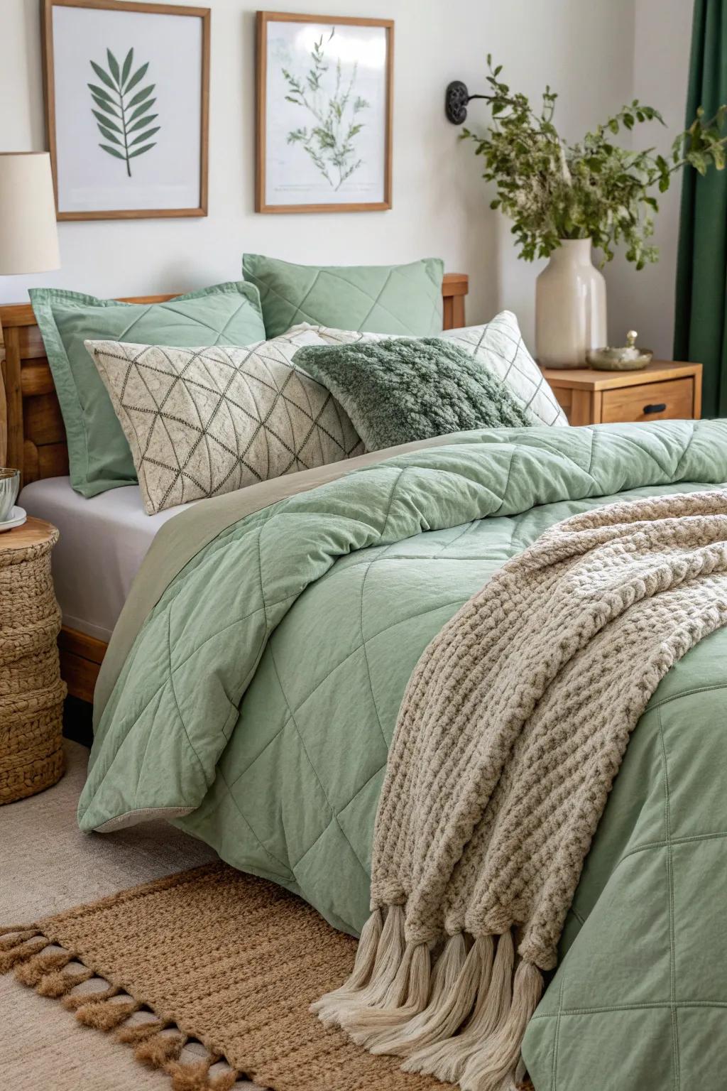 An inviting bed dressed with layers of sage green bedding.