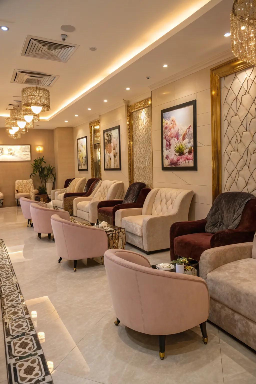 Deluxe seating arrangements designed to inspire comfort and repose.