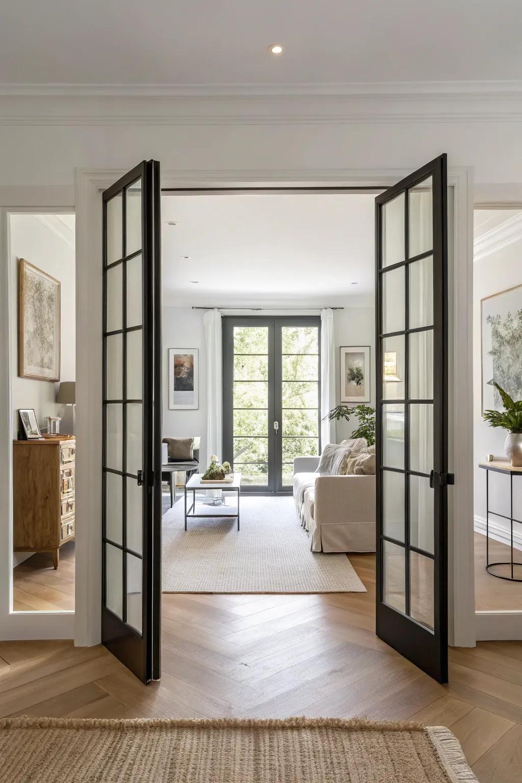 Swinging doors with minimalist design for a modern vibe.