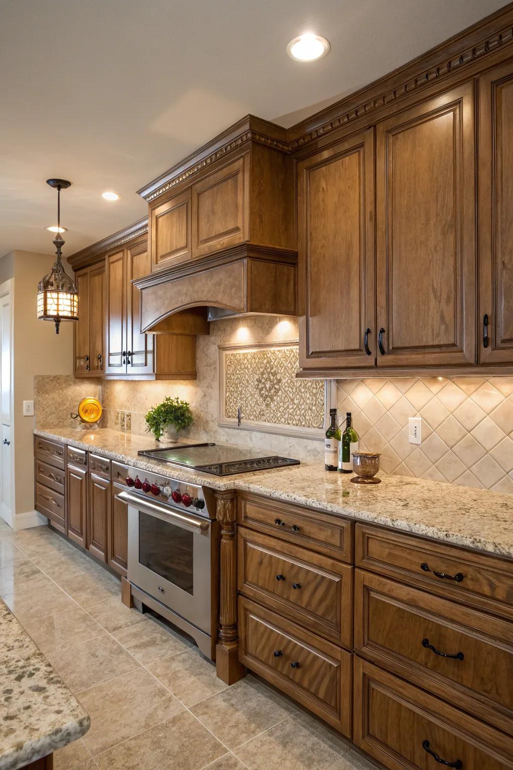 Warm beige tiles beautifully highlight the gold hues in 
