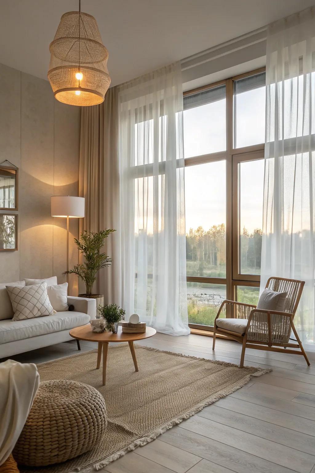 Sunlight streams into a Scandinavian living room, fostering a spacious and airy ambiance.