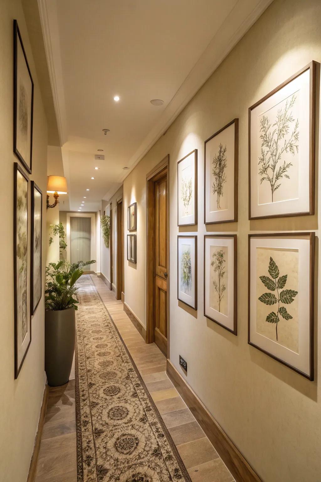 A hall with a wall full of easy plant drawings and soft decor