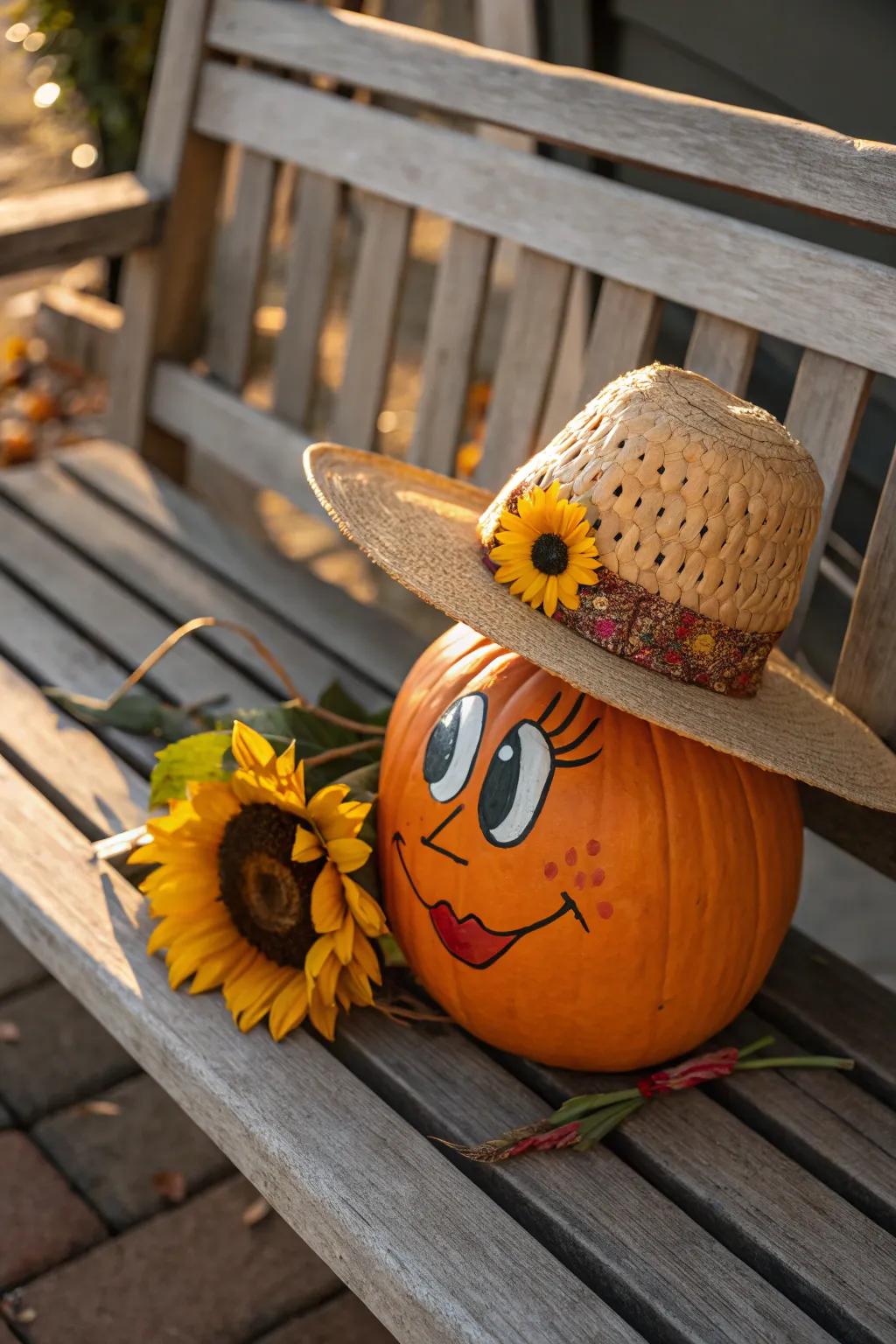 A scarecrow pumpkin enhanced with a lovely hay hat.
