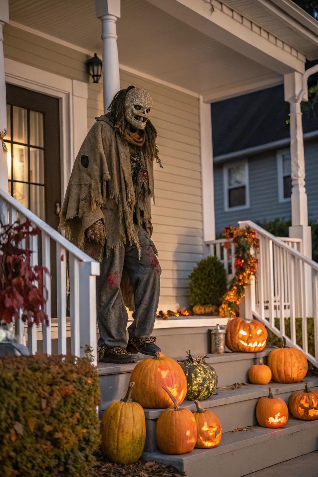 An imposing guardian keeps watch over a porch decorated for Halloween.