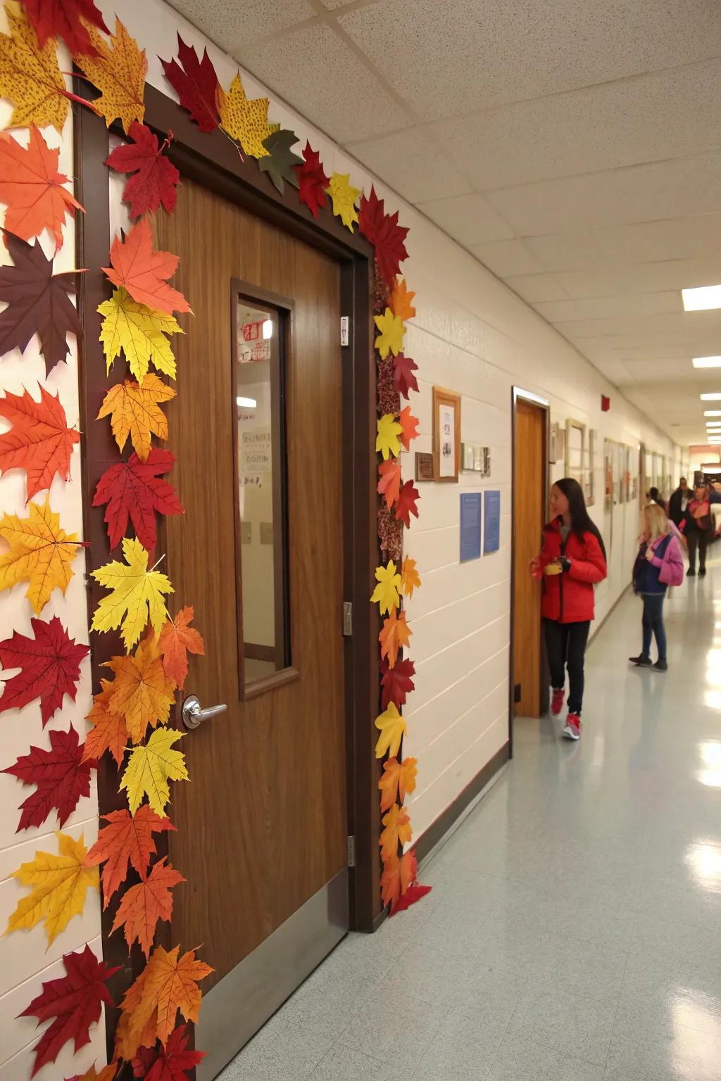 A school door decorated with vibrant fall leaves for an autumn theme.