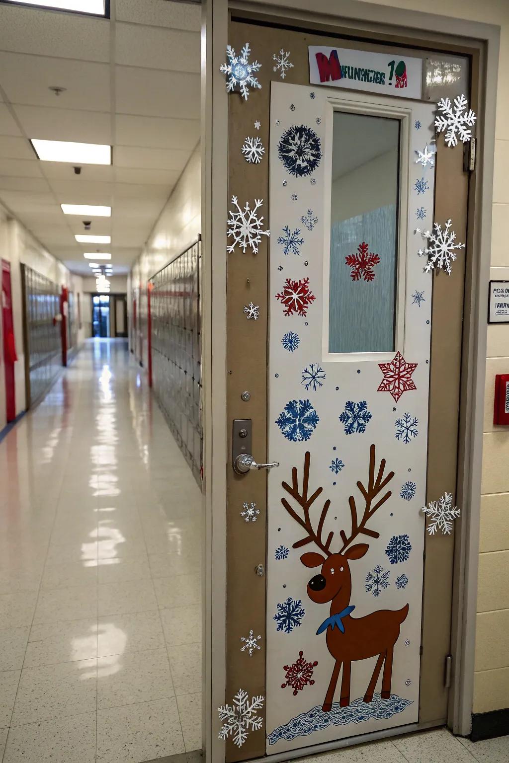 A wintry 'Winter Wellness Center' theme embellishing the school nurse's door.
