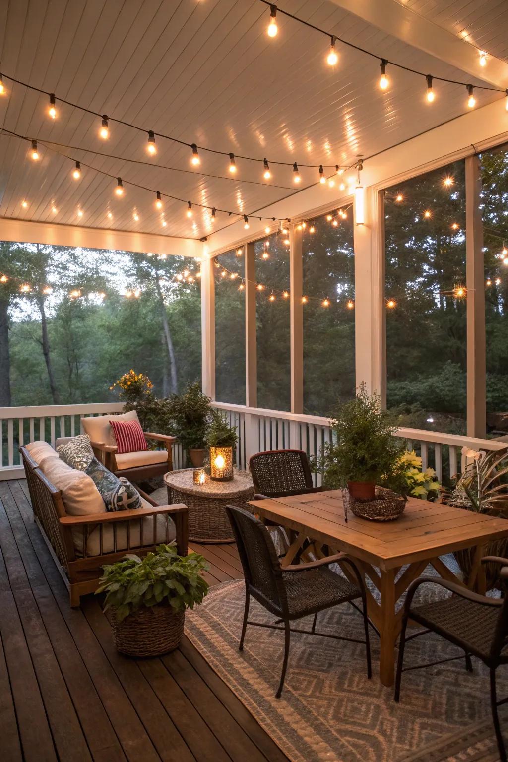 Radiant twinkle lights conjure a spellbinding atmosphere on the porch.