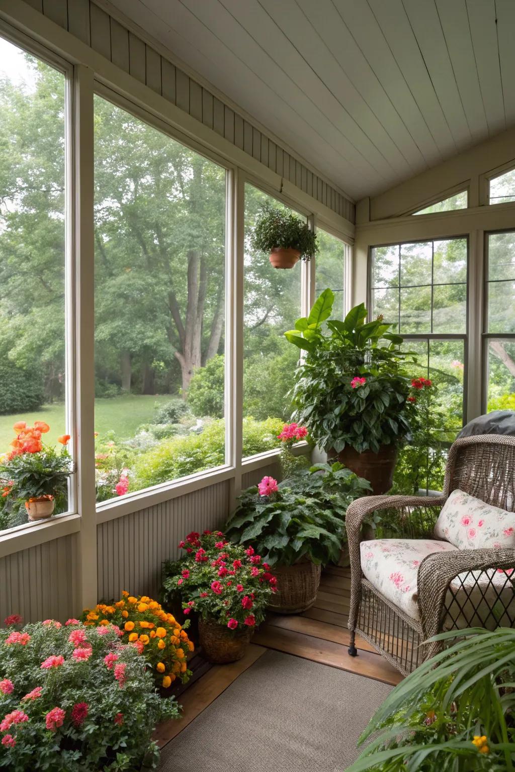 Natural decorative elements introduce vitality and charm to the veranda.