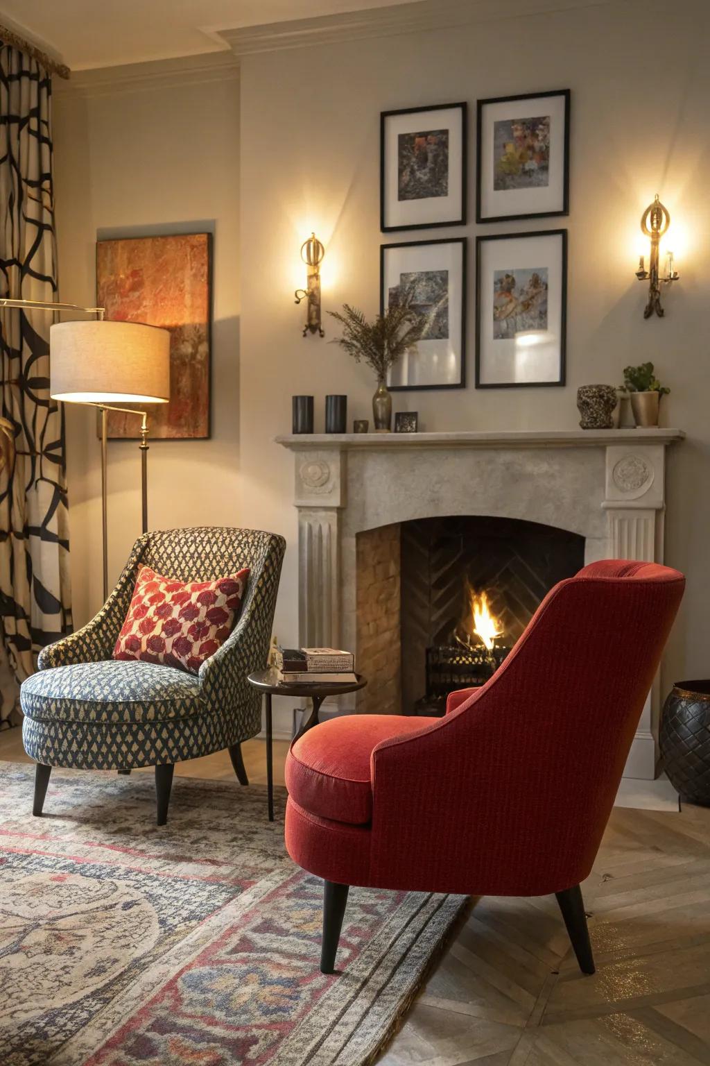 Accent chairs function as fashionable points of interest near a warm fireplace.