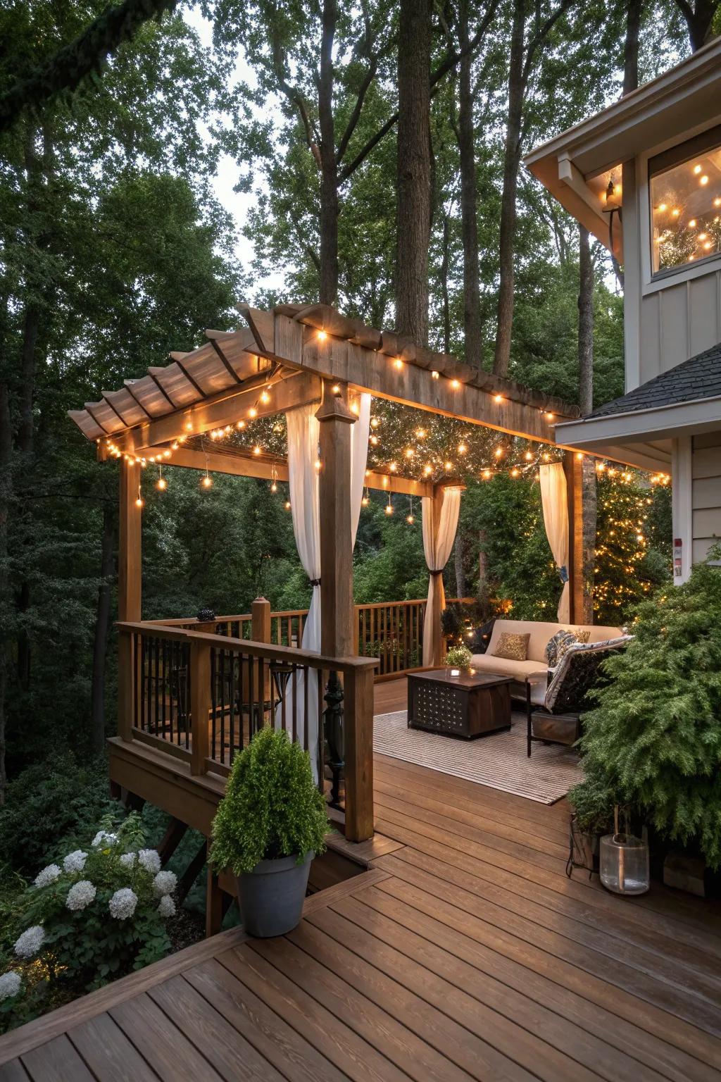 A deck with a pergola roof providing shaded refinement and a comfortable ambiance.