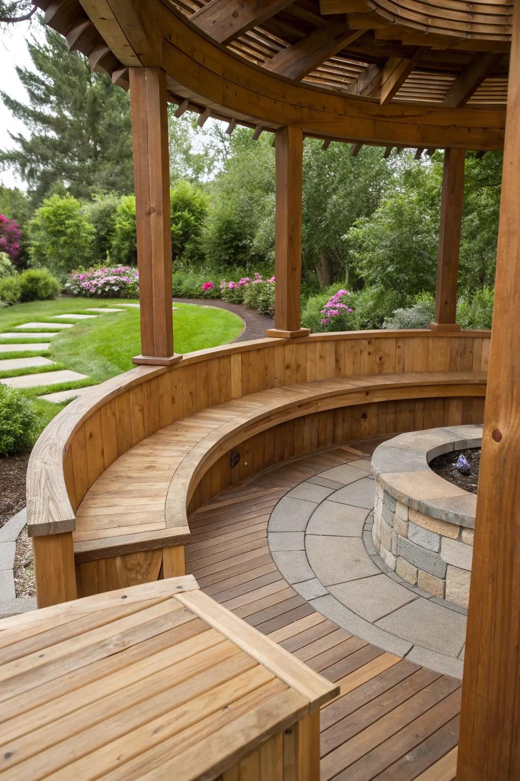 Arched seating that mirrors the patio's contour boosts the social ambiance.