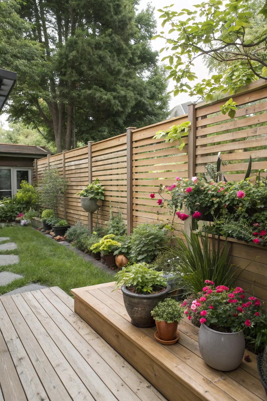 Refined horizontal boards bring a modern vibe to this vibrant backyard haven.