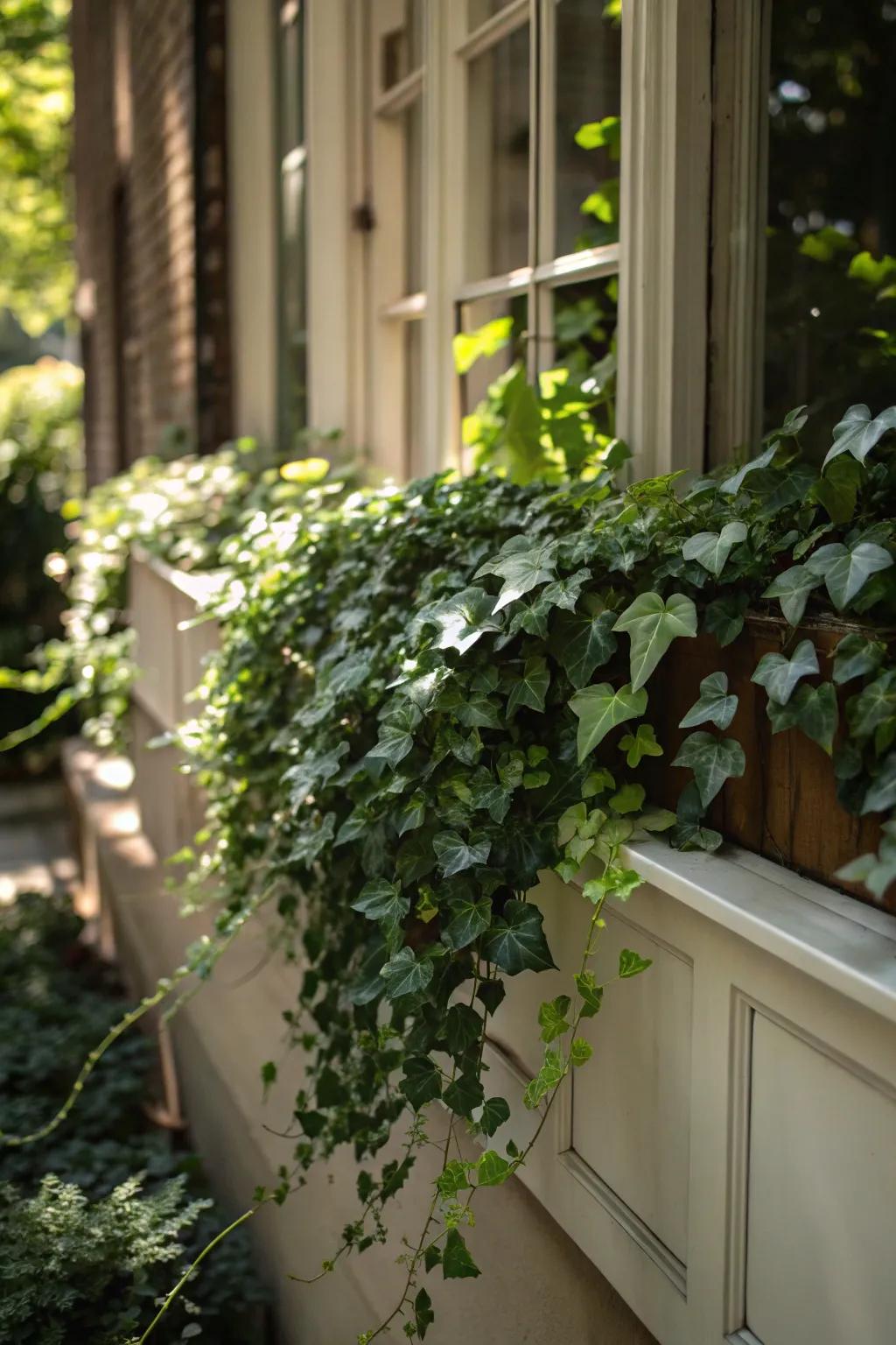 English ivy gracefully cascades, adding a hint of sophistication.