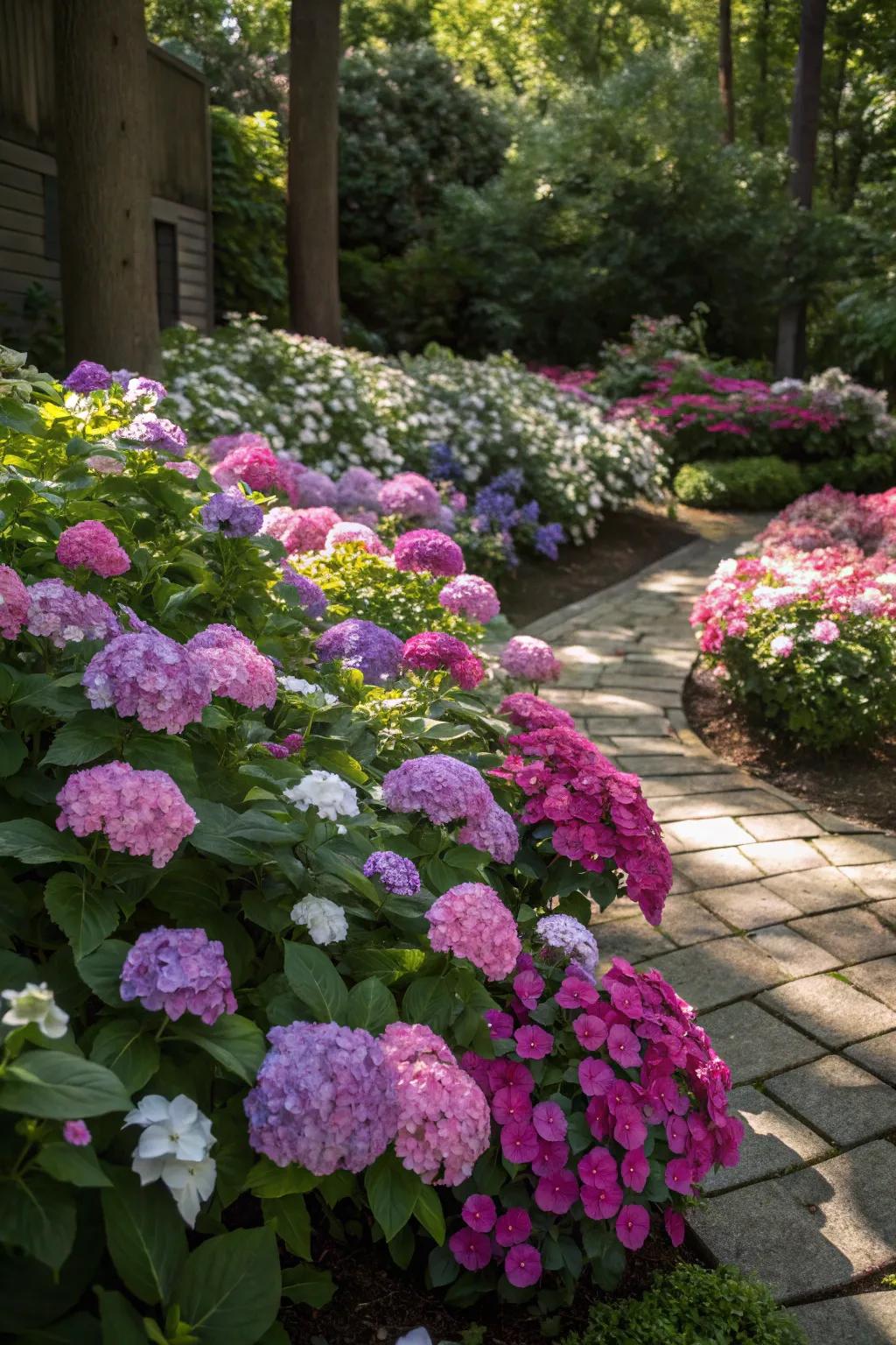 Radiant hydrangeas and impatiens injecting color into the shade.