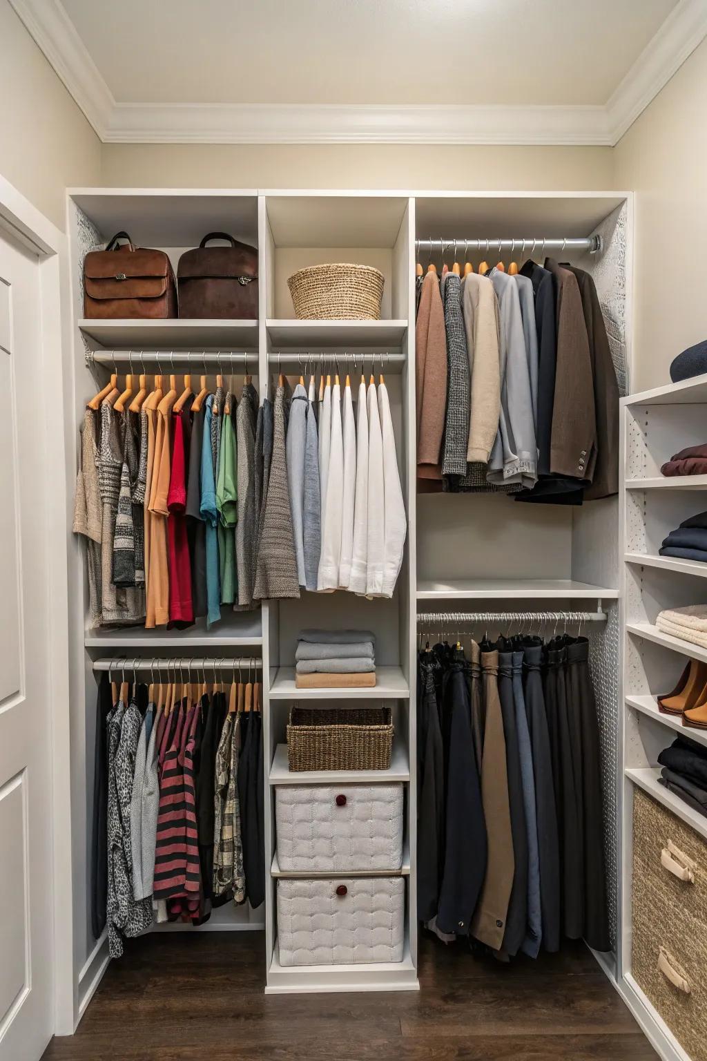 This closet makes the most of its vertical space with tall shelves and double rods.
