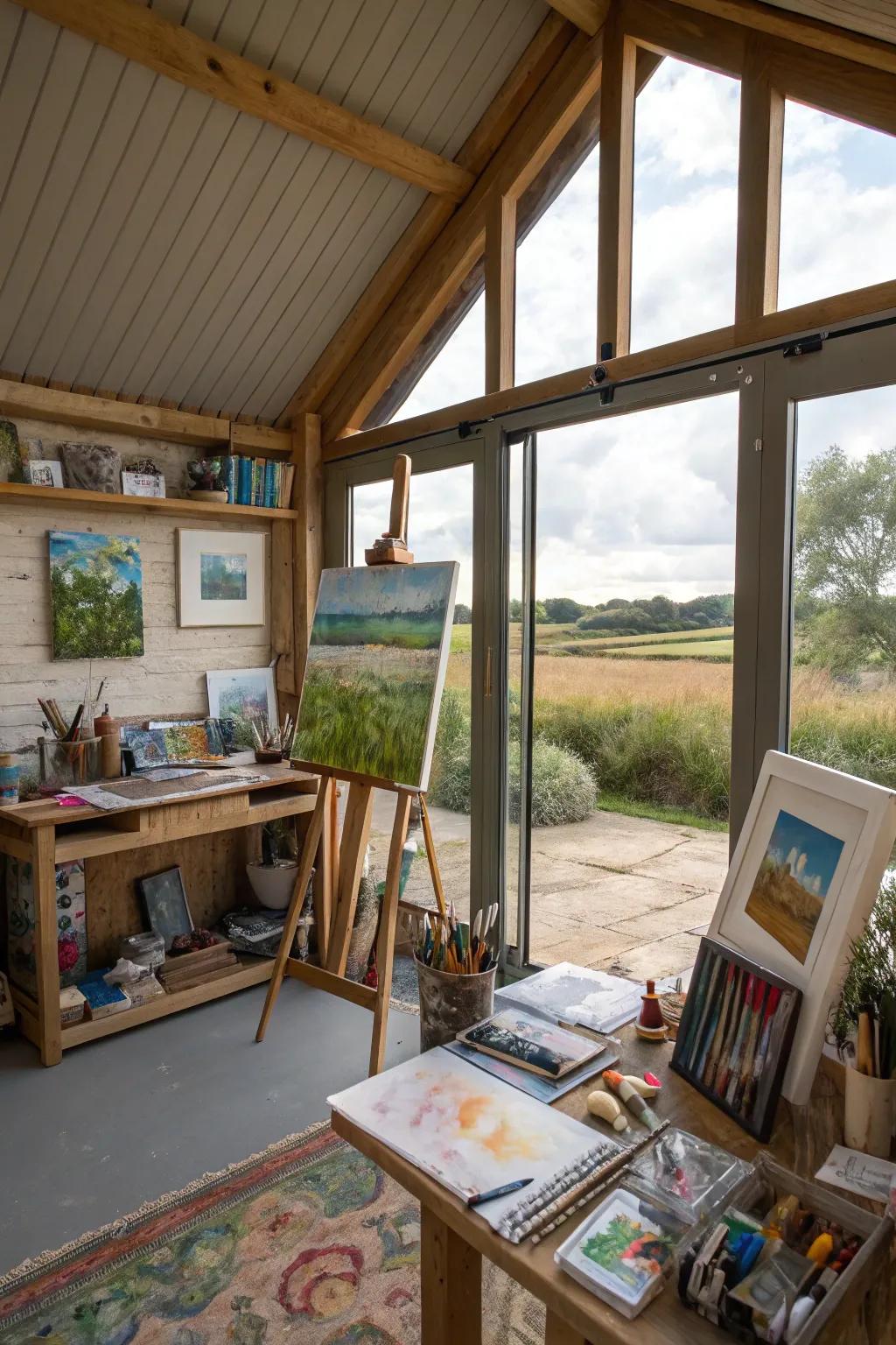 Fill your she shed with sunlight using large windows, ideal for artistic pursuits.
