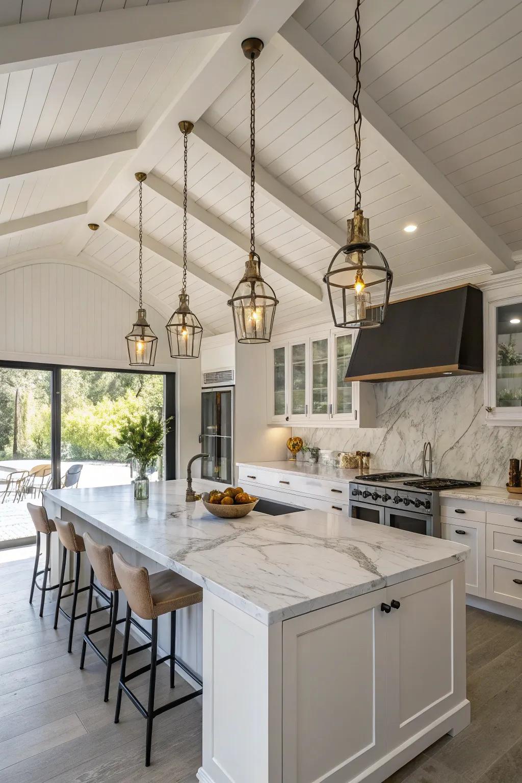 Contemporary culinary space showcasing suspended lights that accentuate the shed ceiling.