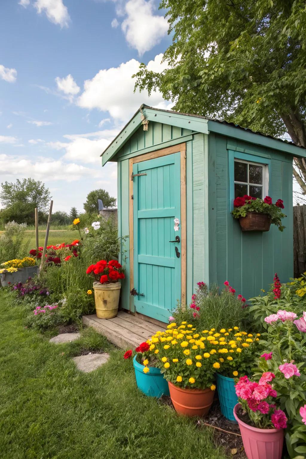 An outdoor shed featuring an azure entryway, introducing a burst of color towards the outdoor space.