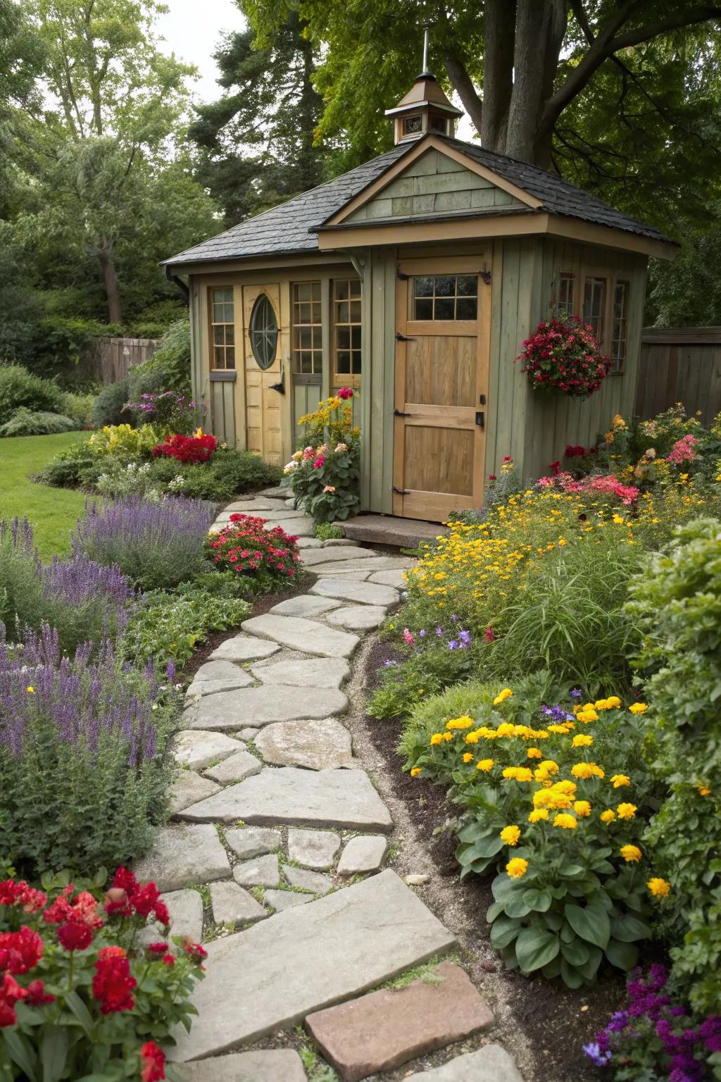 A garden building becomes the main focal point with pathways guiding the way.