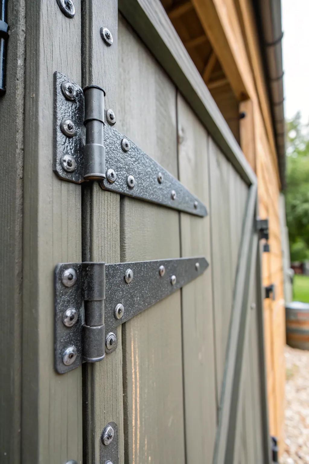Reinforced steel hinges offer resilience and security to a shed door.