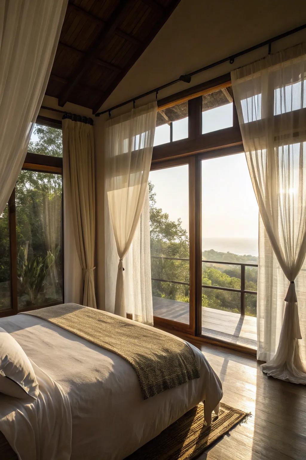 Sheer curtains soften and enhance natural light, creating a serene and welcoming bedroom.