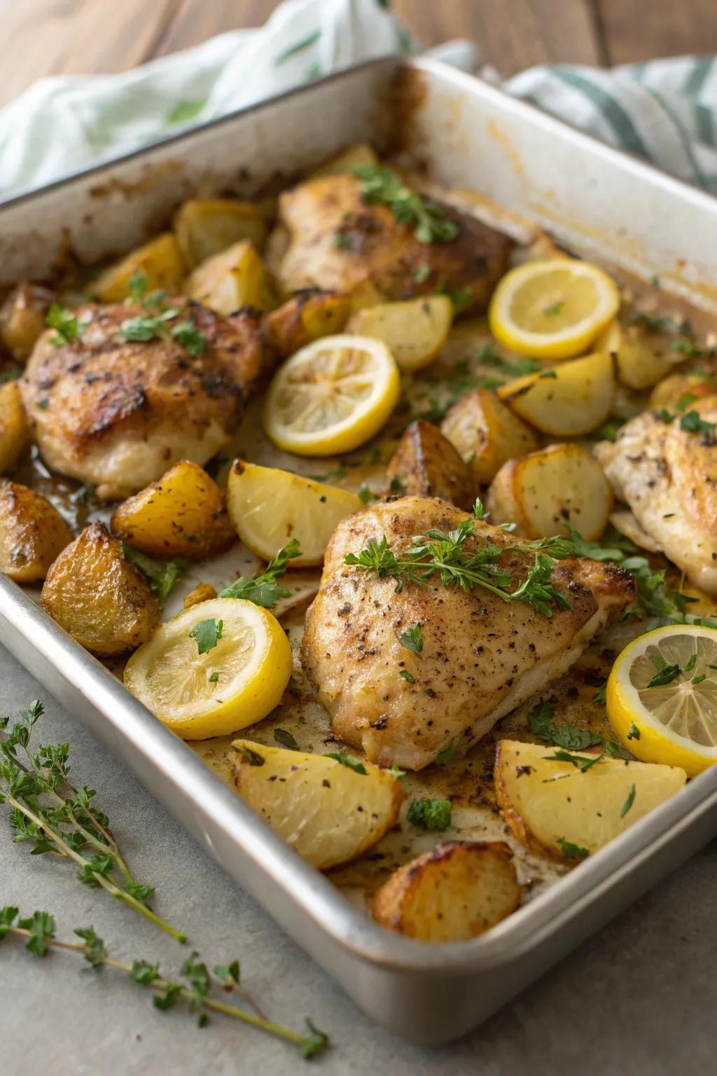 Citrus-herb chicken and spuds, a comforting and easy dinner solution.