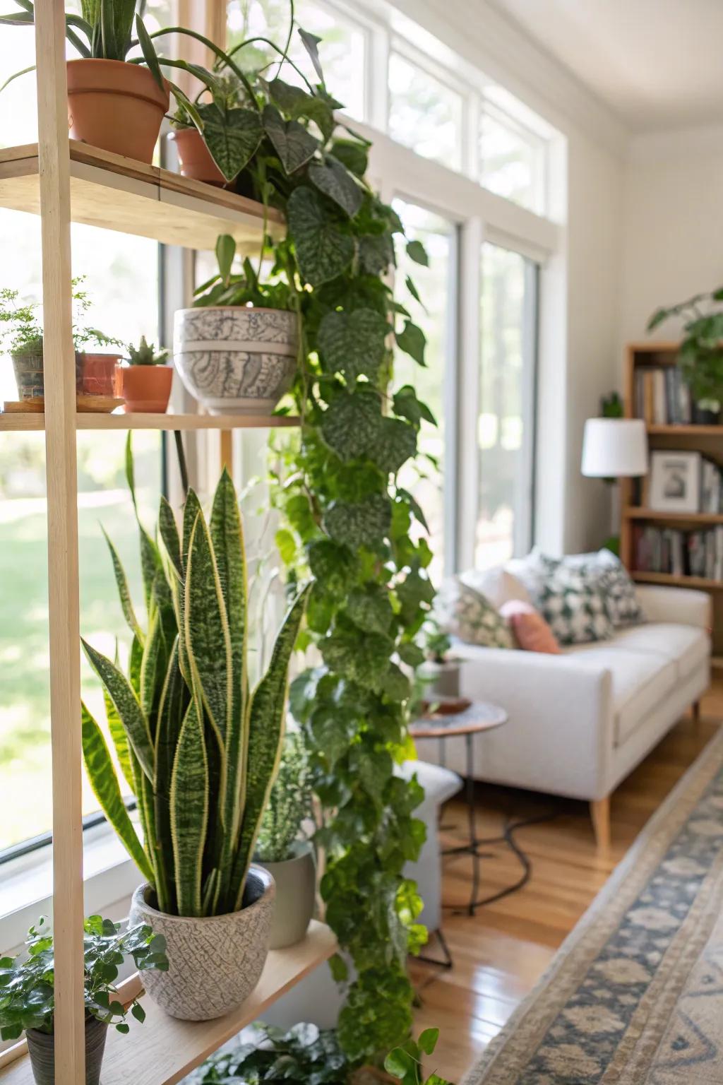 Shelves decorated with indoor plants, bringing the outdoors in.