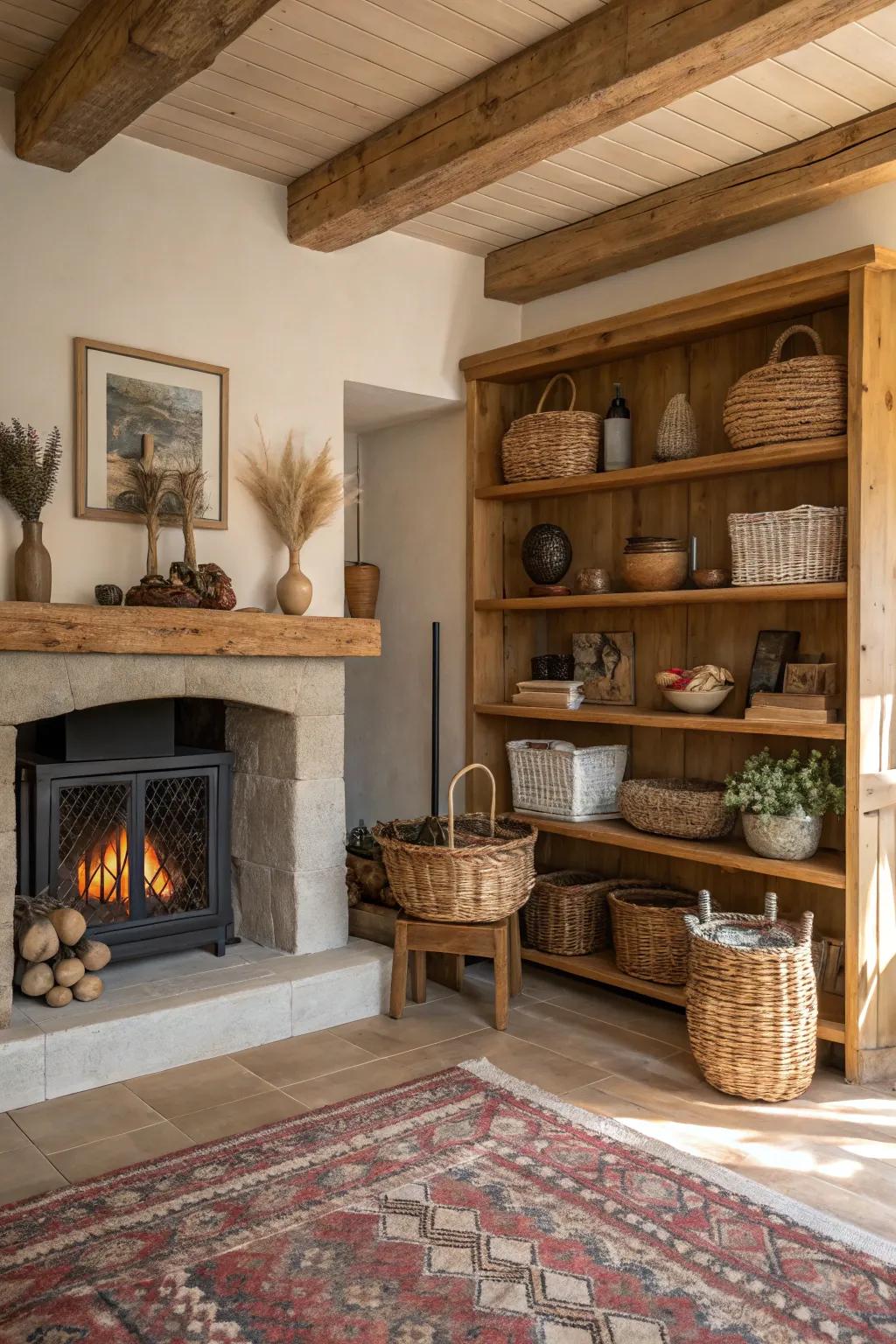 Adding country charm with rustic timber shelves.