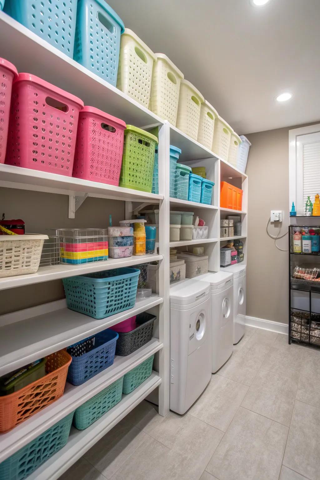 Baskets and containers neatly arranged on shelves in a laundry room, promoting a tidy and organized atmosphere.