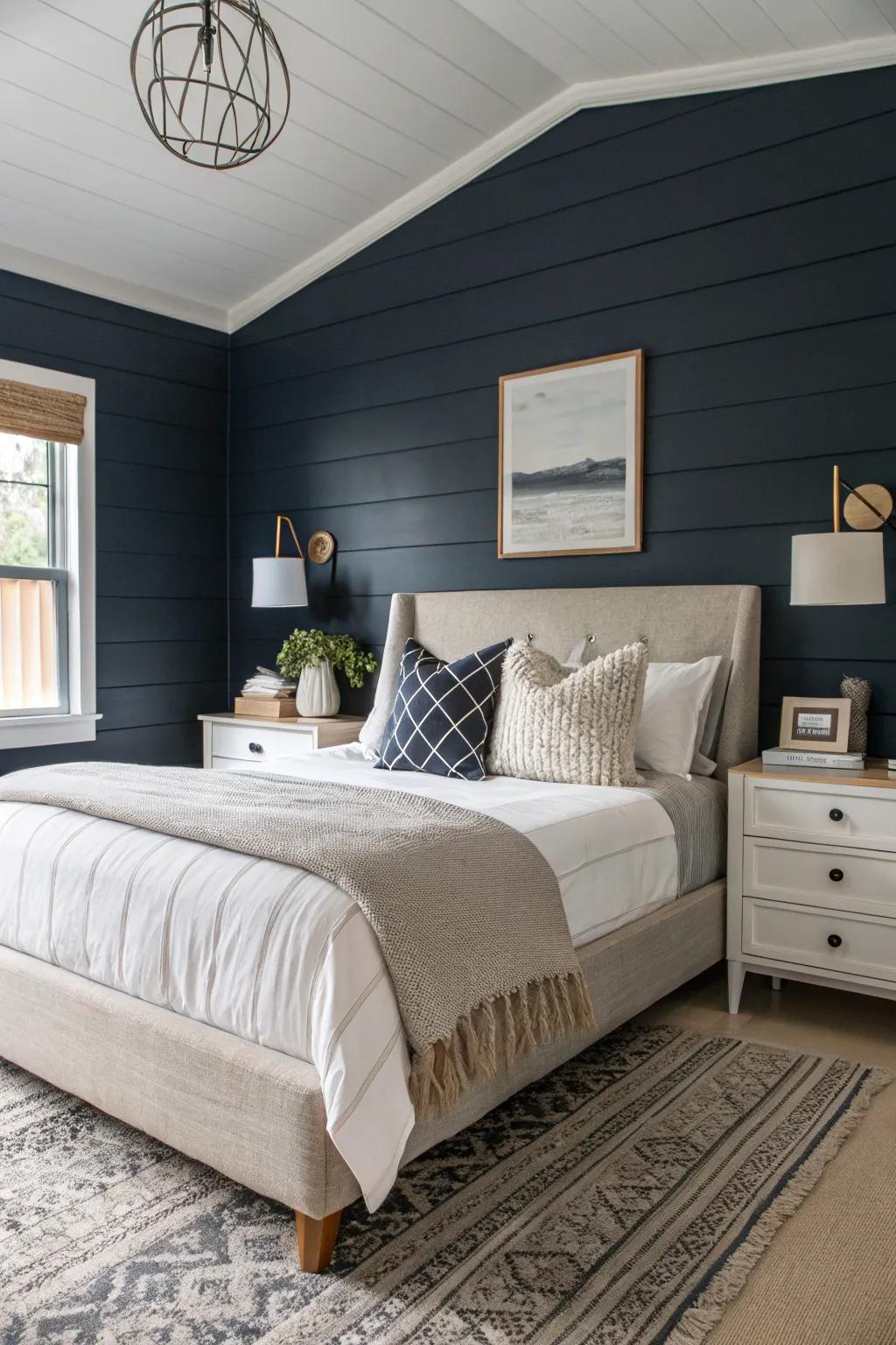 Dark shiplap adds a bold and dramatic flair to any bedroom.