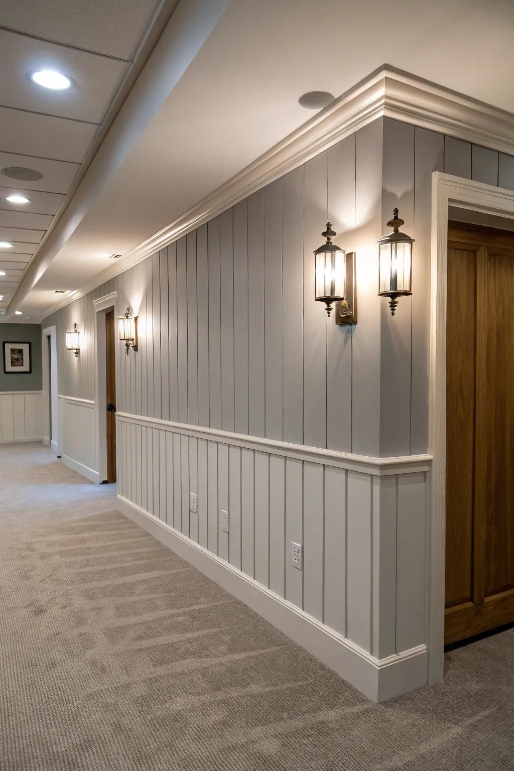 Upright shiplap walls increase the sense of height in this fashionable basement.