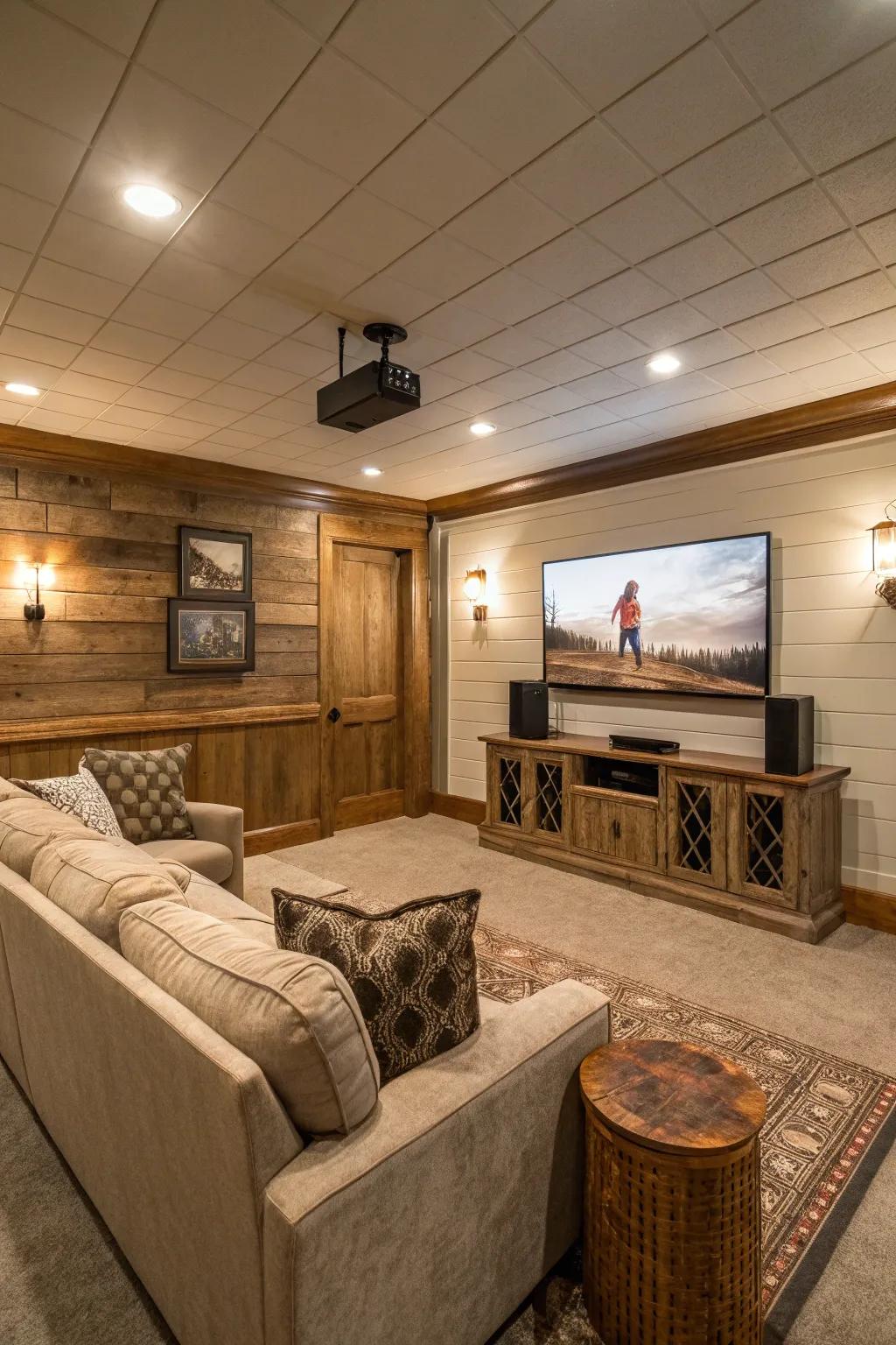 Shiplap enhances the atmosphere of this entertainment area.