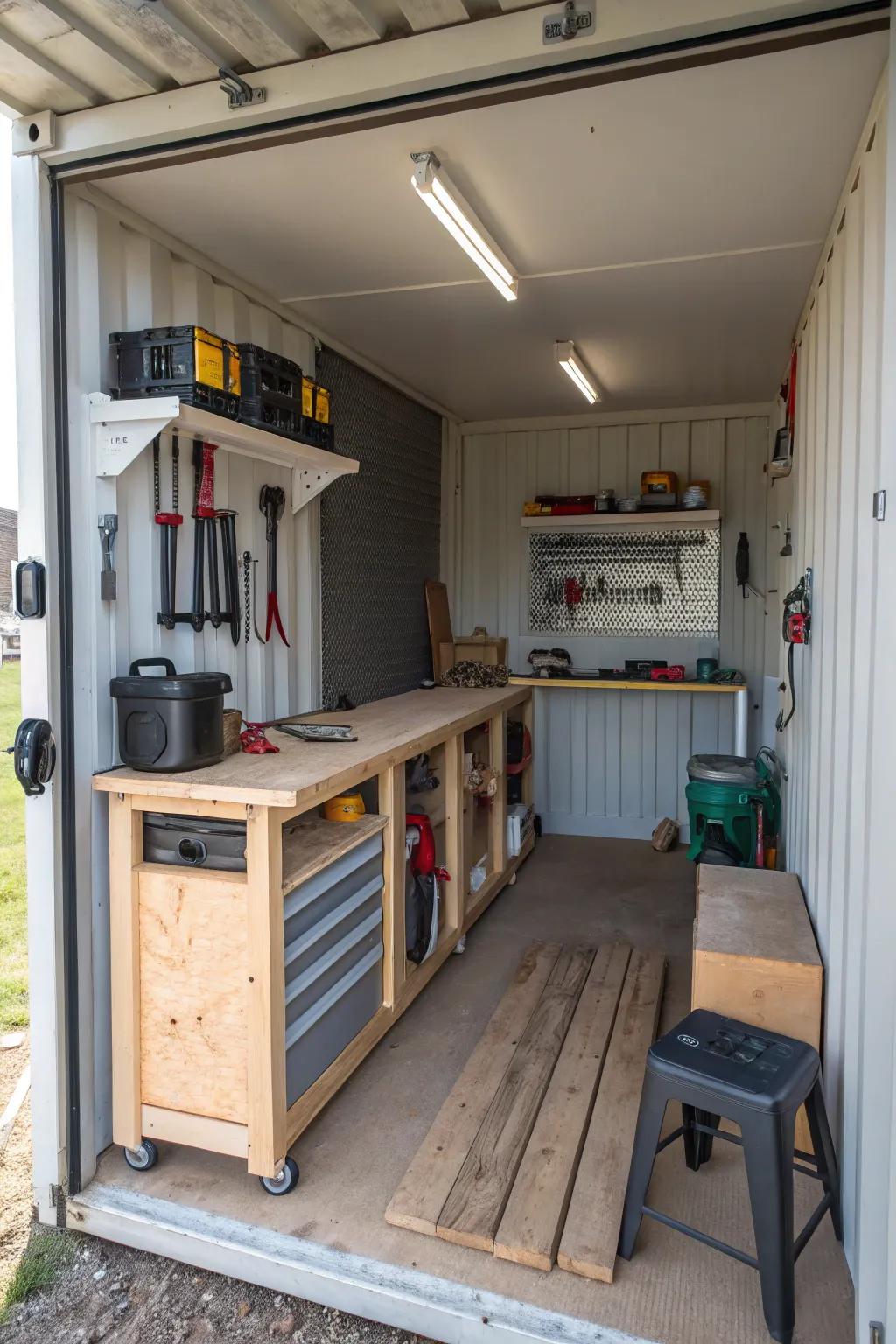 A shipping container transformed into a personalized workshop space.