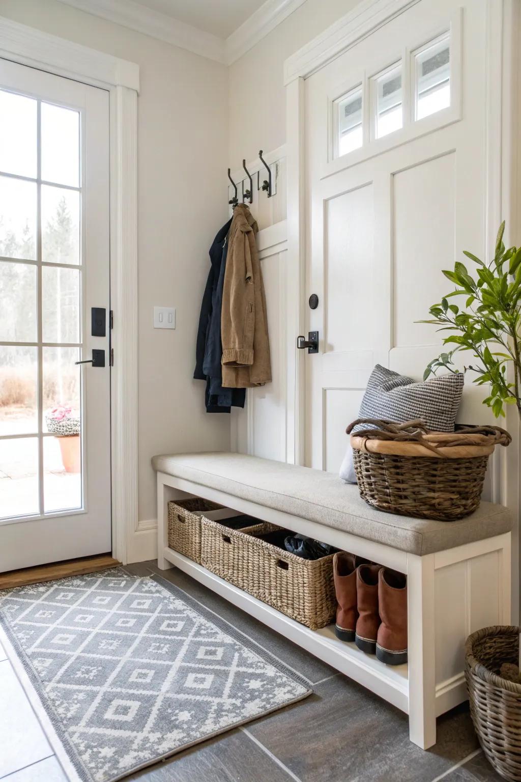 A bench combined with an under-storage shoe basket boosts both style and functionality.