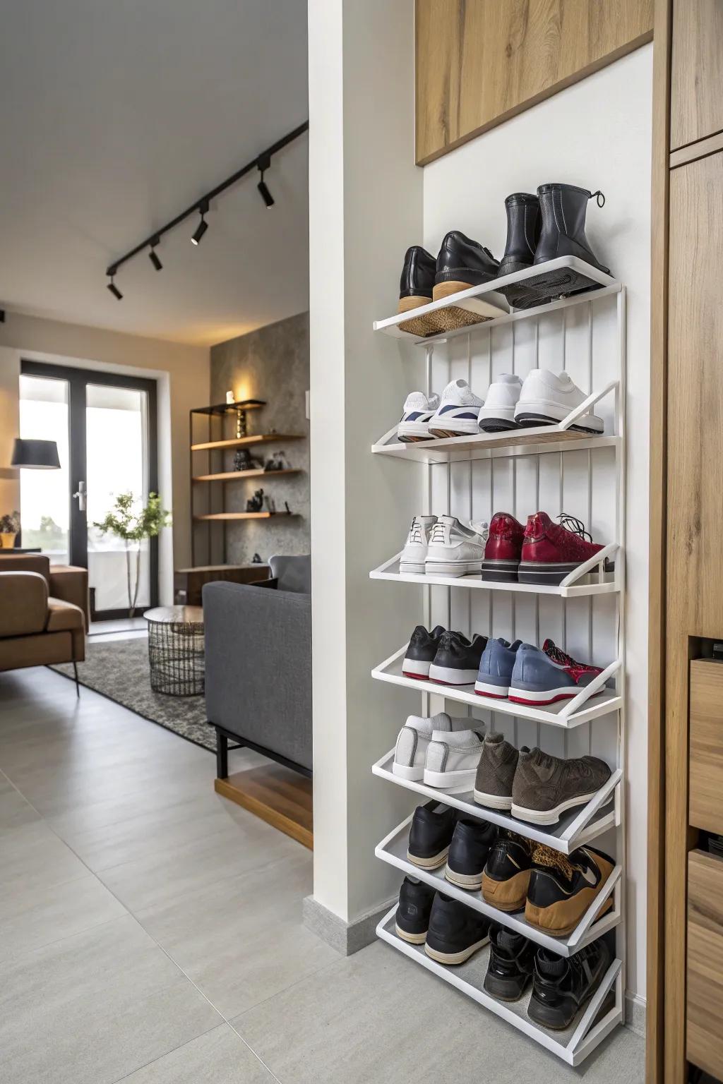 Conserve space and enhance style with wall-mounted shoe racks.
