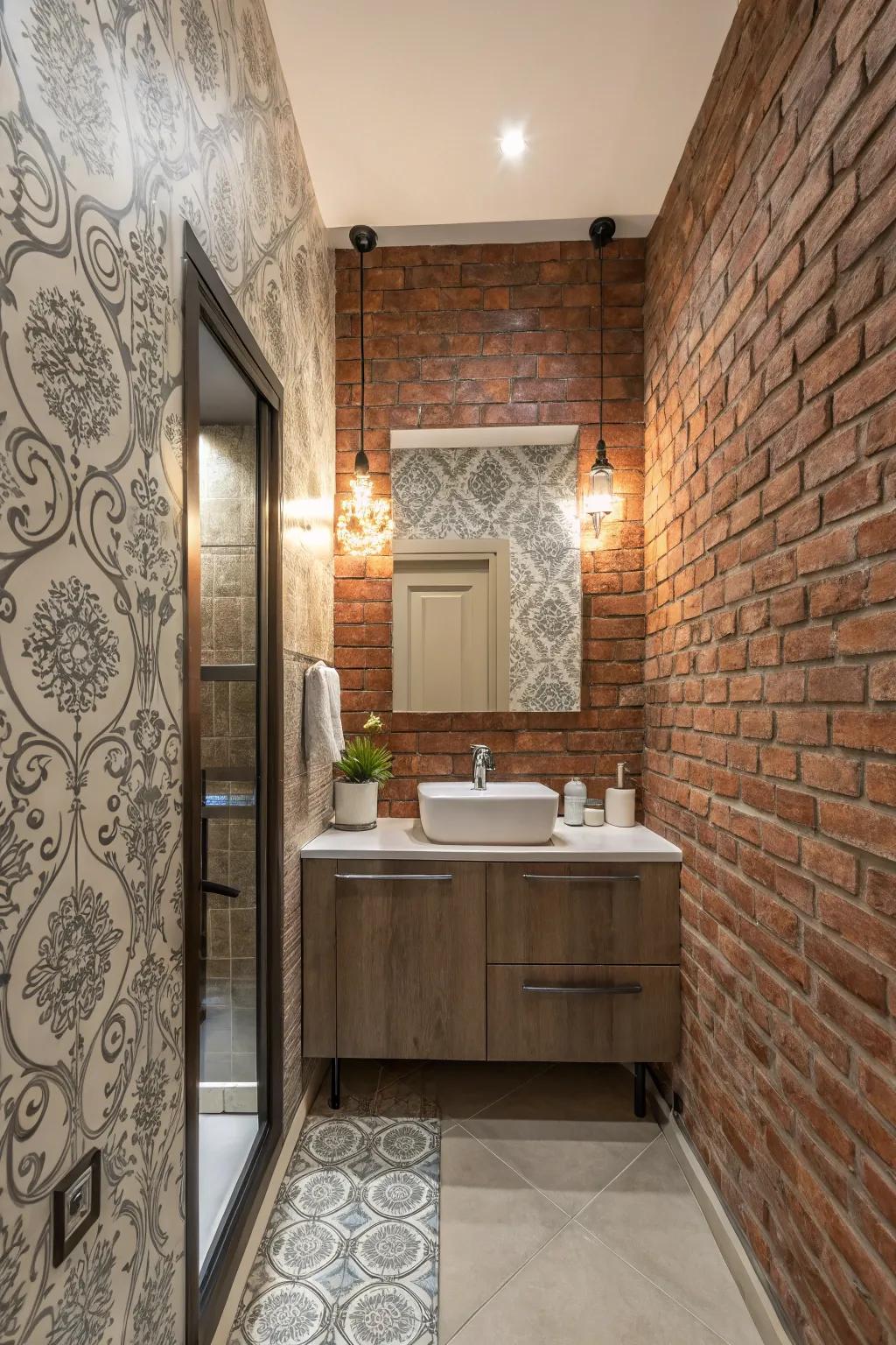 Artistic wall designs featuring brick and wallpaper.