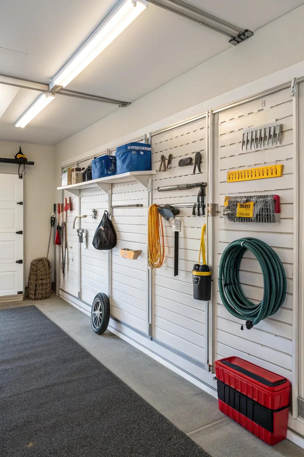 Slatwall panels featuring diverse storage solutions.
