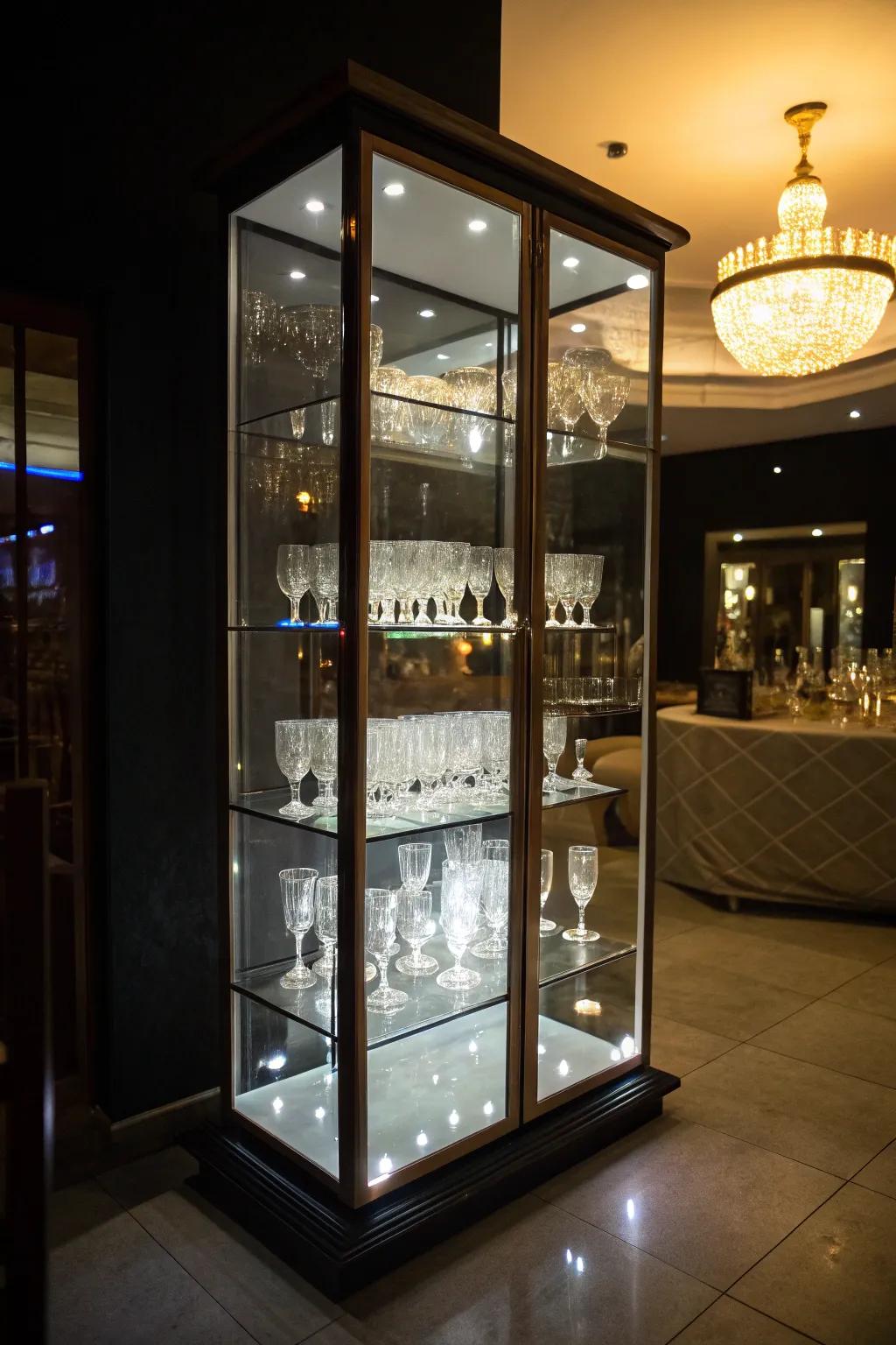 A dimly lit room featuring an illuminated shot glass display enhanced by LED lights.