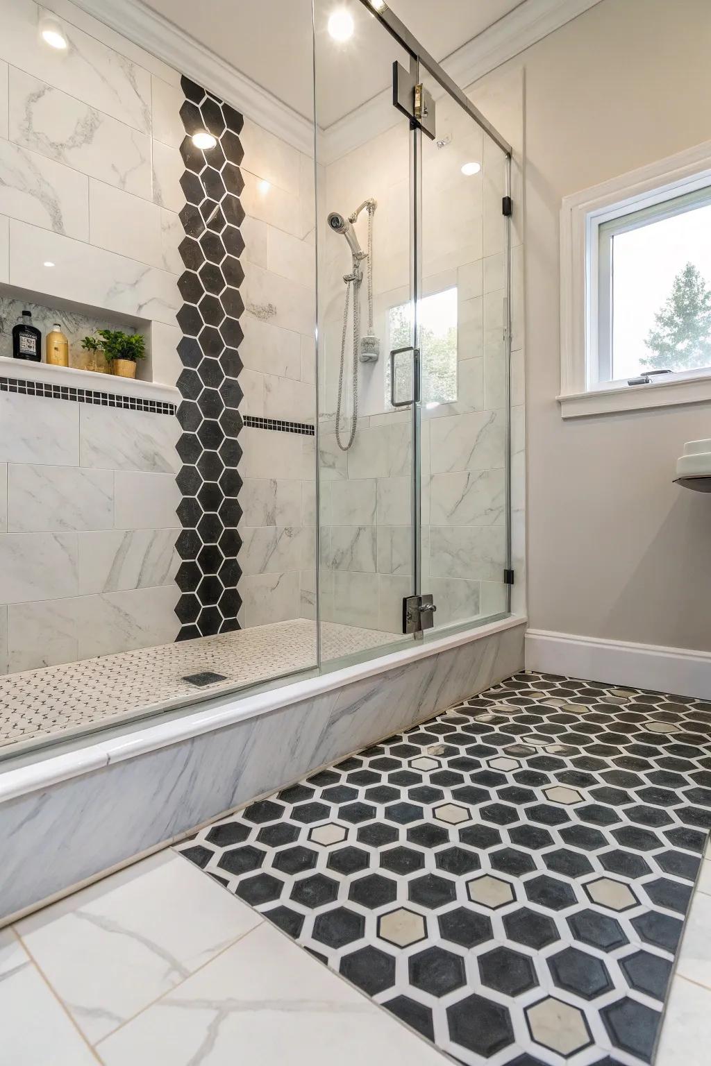 Geometric tiles present a cutting-edge and fashionable enhancement to shower curbs.
