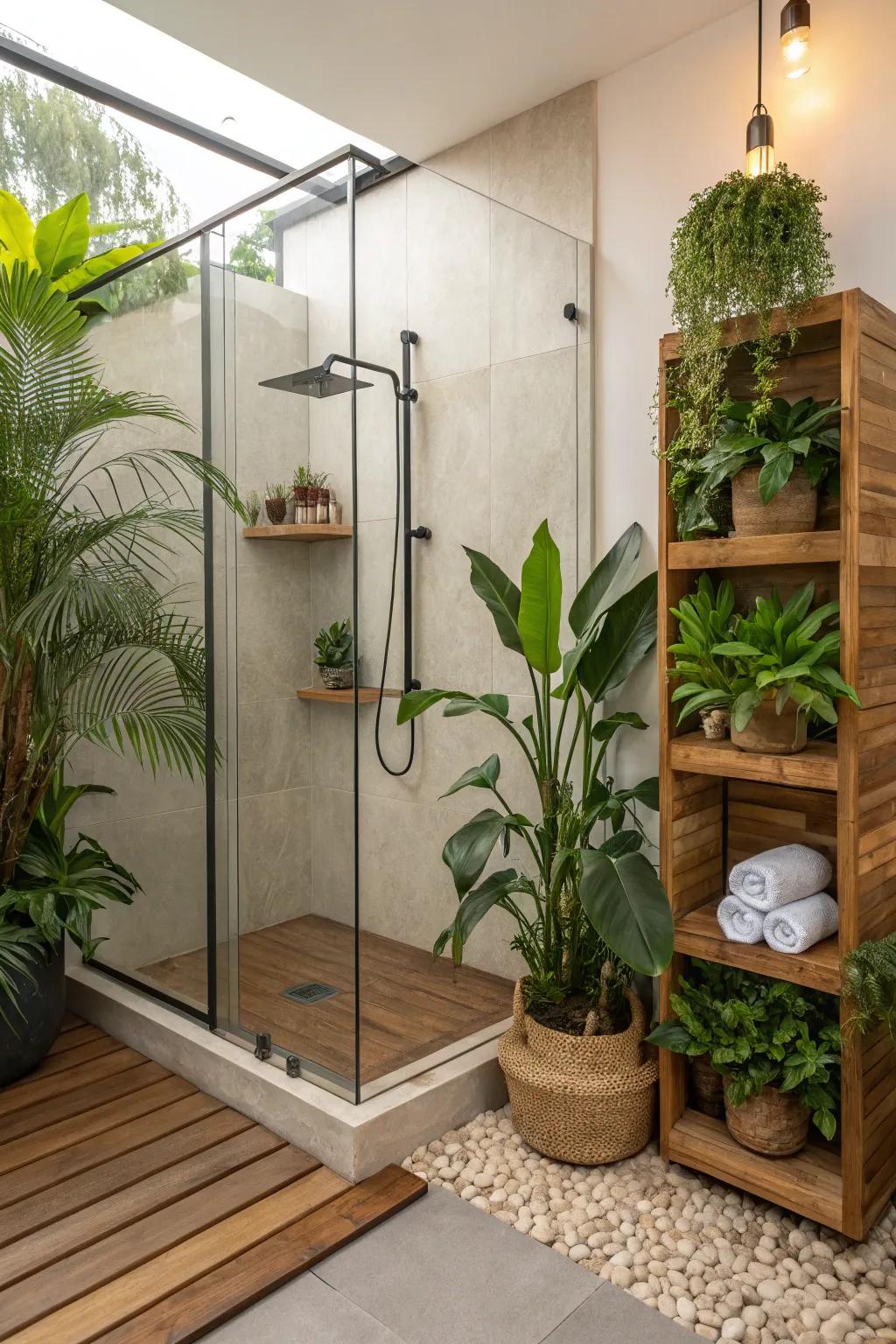 A shower enhanced with verdant plants and wood details.