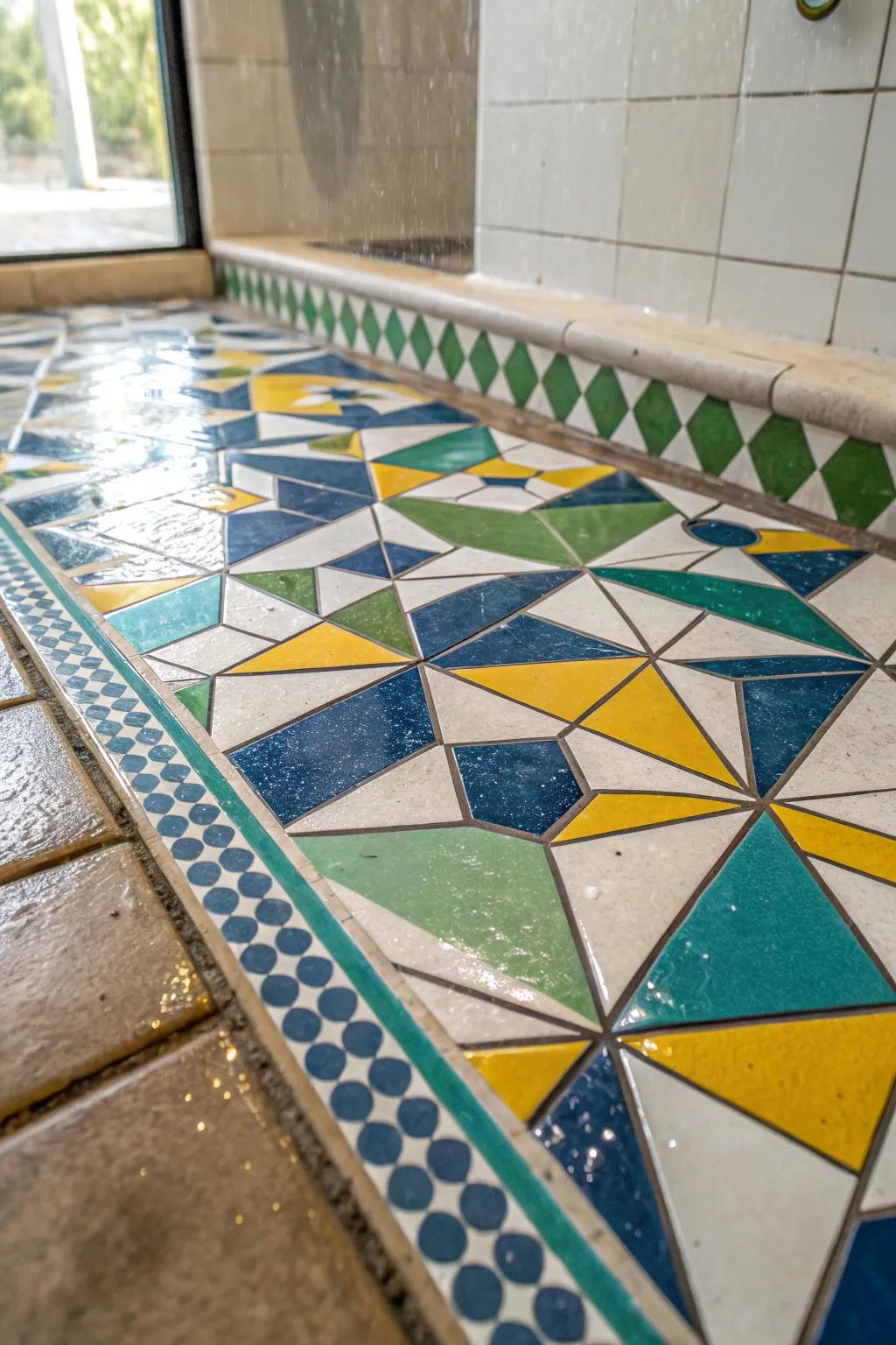 Geometric patterns turn your shower floor into a captivating visual experience.