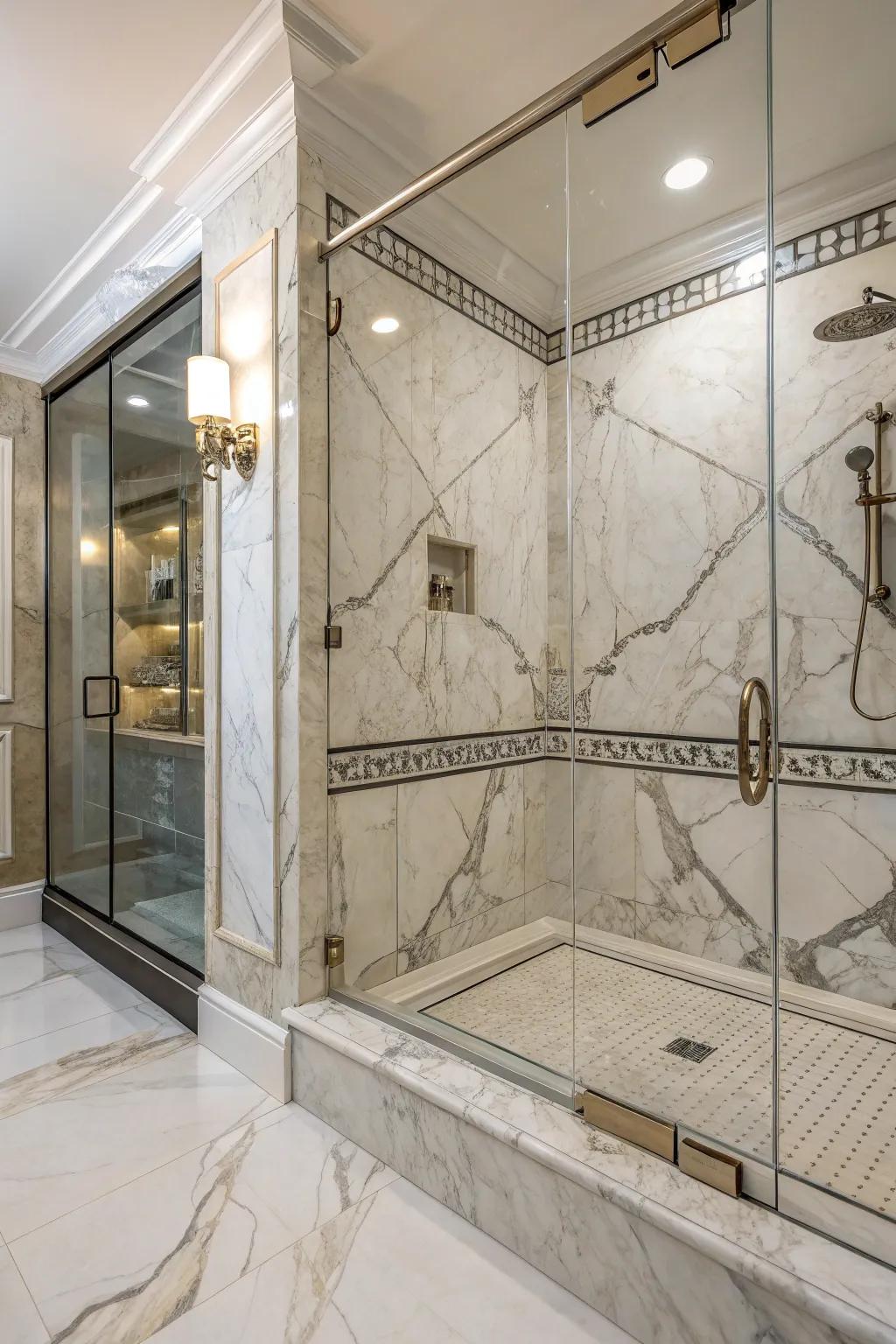 Organic stone impression tiles imbue a timeless refinement into any bathroom.