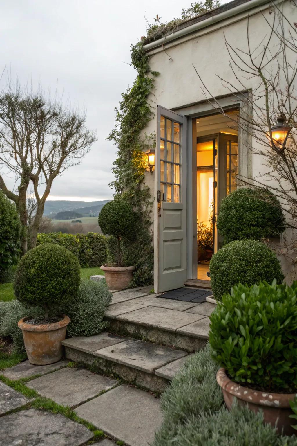 Green friends bringing a slice of nature to the side entrance.